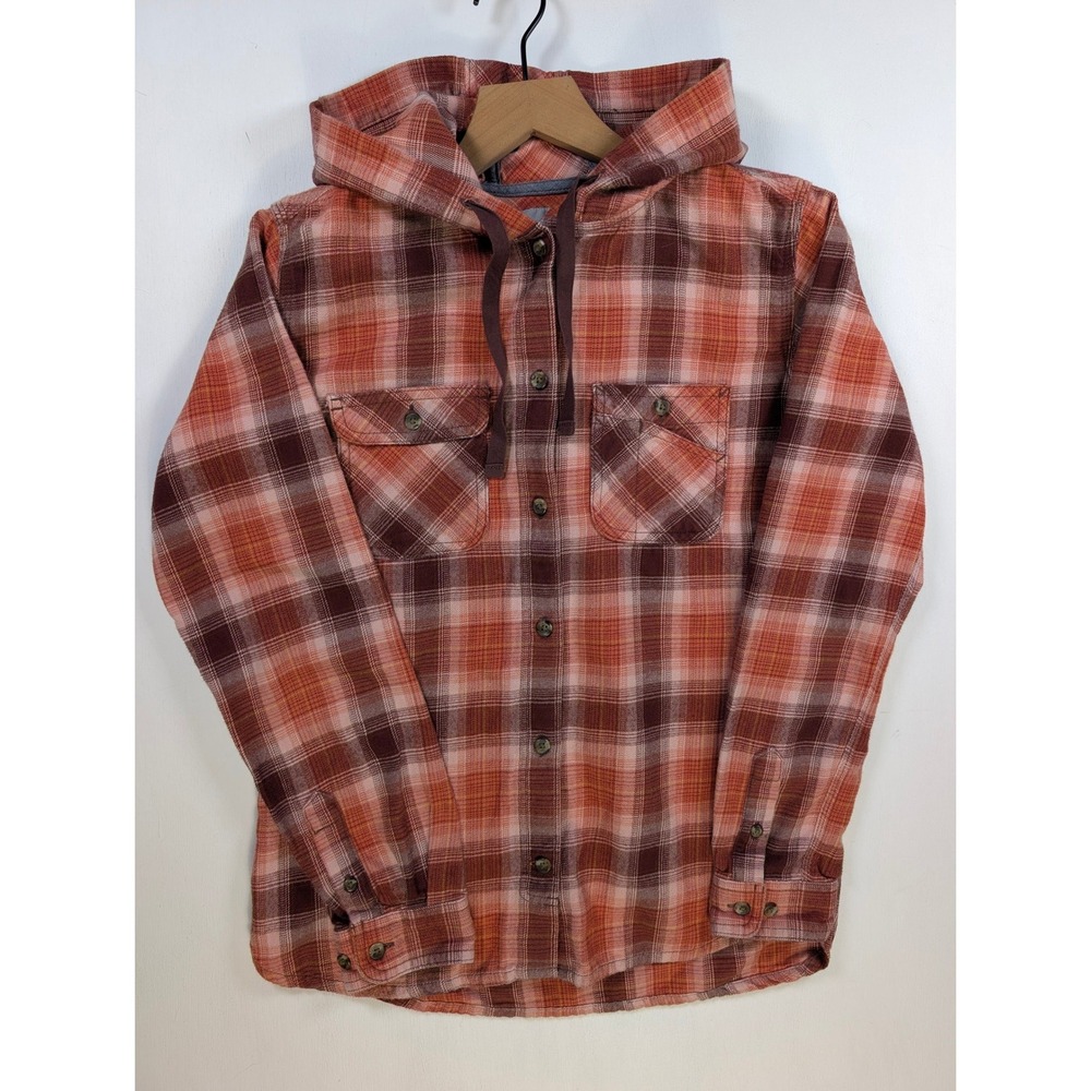 Carhartt Womens Plaid Hooded Flannel Shirt Orange Burgundy Button Front Hoodie